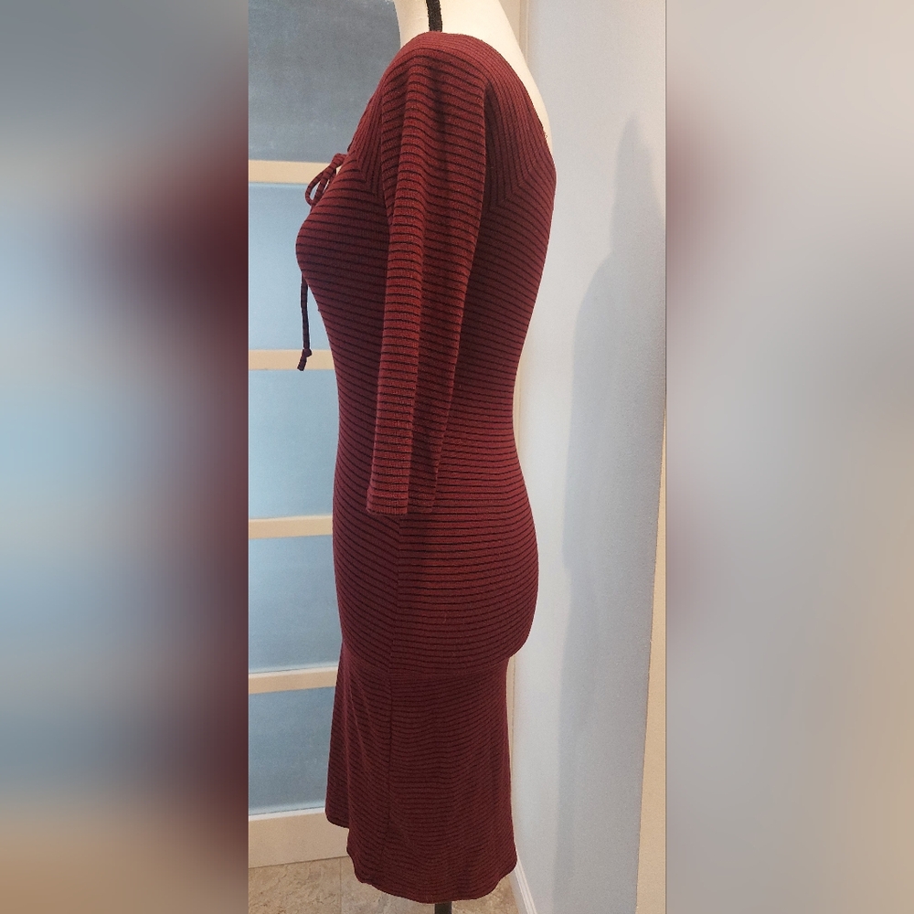 Heart & Hips Burgundy Striped Lace-Up Long Sleeve Dress - Picture 3 of 6